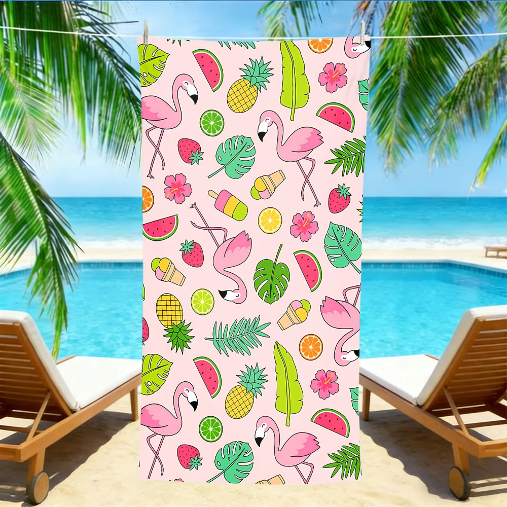 

Пляжное полотенце Pink Flamingo Tropical – большое, быстросохнущее, не впитывает песок, с принтом фруктов и листьев