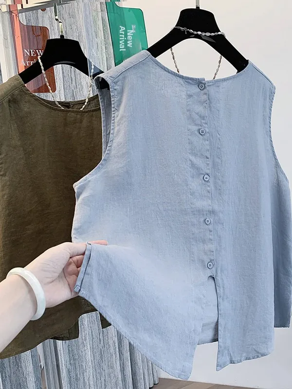 레트로 린넨 베스트 여성용 여름 고급스러운 루즈 캐주얼 슬릿 라운드 넥 탑 출퇴근용 여성스러운