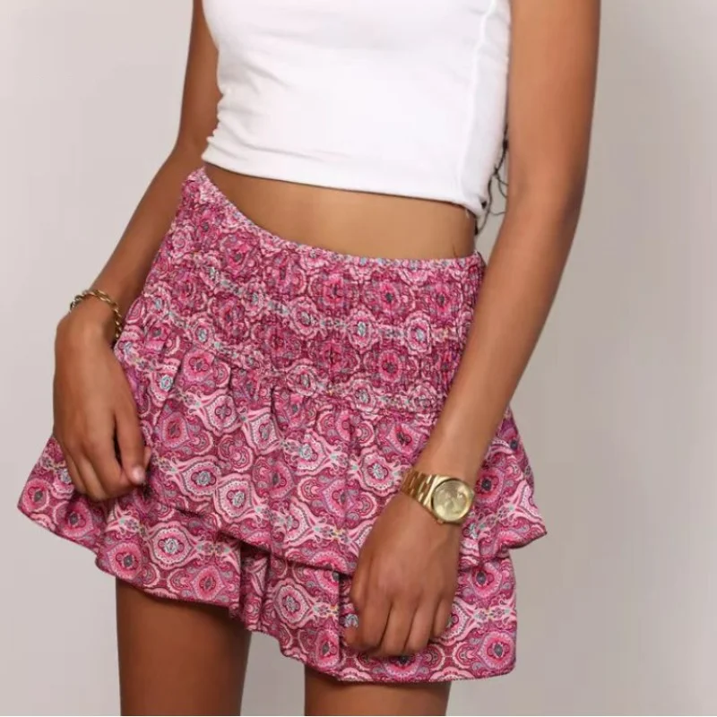 Falda plisada Floral para mujer, minifalda Vintage con estampado de volantes, color rosa, Falda corta Y2k, estilo bohemio para vacaciones de verano