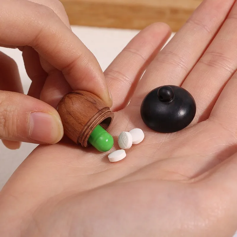 Mini Wood Medicine Pill Box Openable Rescue Tablets Case Portable Storage Sealed Boxes Container DIY Acorn Wooden Locket Pendant