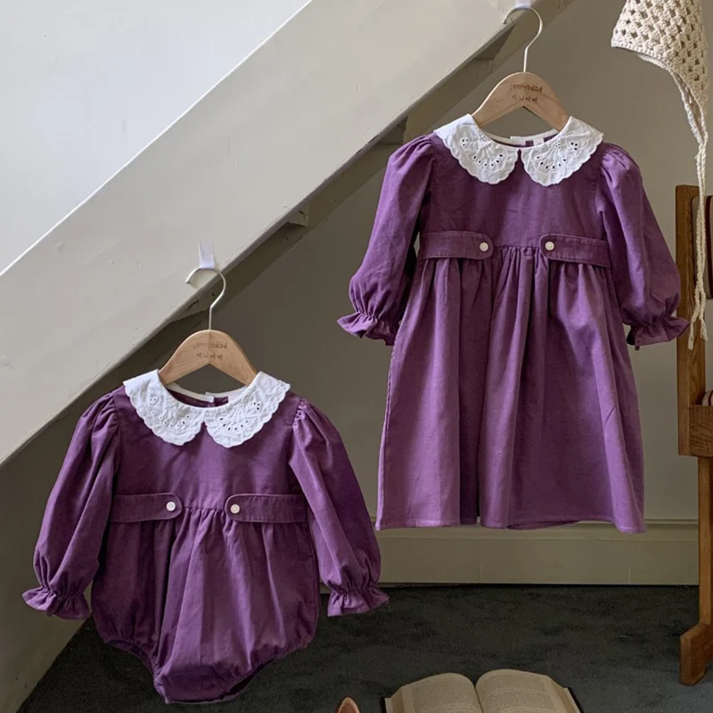 Infant Kids Baby Girls Dress Long Sleeve Sweet Purple Sisters Dress Spring Autumn Newborn Baby Girls Princess Clothes Rompers