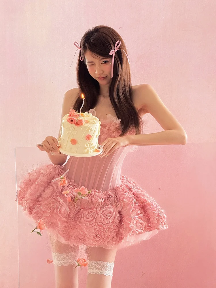 

Платье Moulinrose Pink Series 3D с пышной юбкой и эффектом 3D-лепестков, без бретелек, короткое, для женщин, в стиле принцессы, на день рождения, с застежкой-молнией сзади