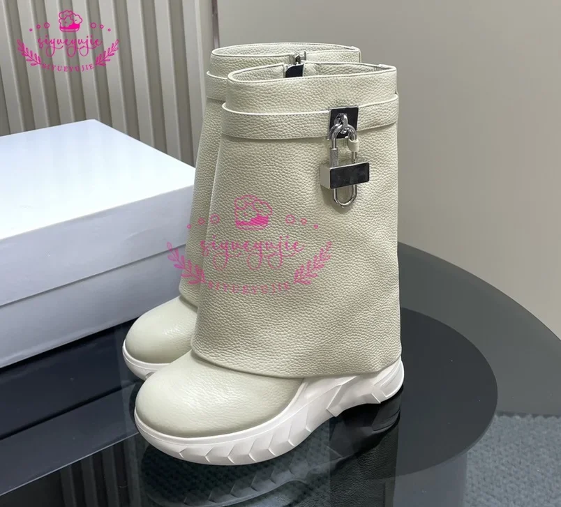 Shark Boots Women Lock Straps Warm Wool Casual Winter Shoes Snow Boots Women Knee High Winter Long Boots