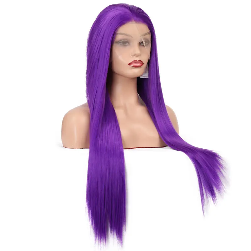 Dark Purple Silky Straight Synthetic 13x4 Lace Front Wig High Quality Heat Resistant Fiber Hair Middle Parting For Women Cosplay