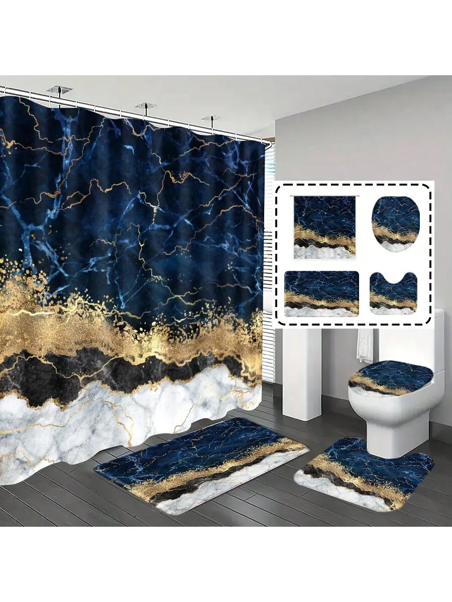 4pcs Bathroom Curtain Shower Set, Shower Curtains Decor Bathroom Rug Bath Mat Dark Blue Marble Pattern All Season Theme