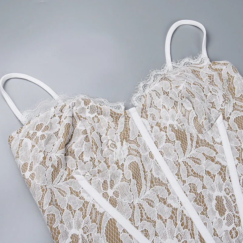 Falda de encaje transparente con tirantes finos para mujer, vestido de fiesta con volantes, abertura alta, cuello en V profundo, Blanco, Negro, sin espalda, vestido de noche, el más nuevo