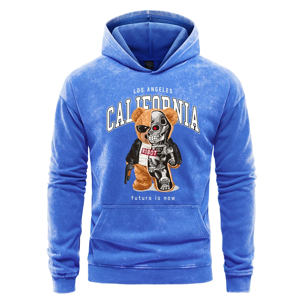 Cartoons Mecha Bear California Letter Print Washed Hoodies Man Fashion Cotton Hoody Oversize All-Match Top Fashion Men Pullover