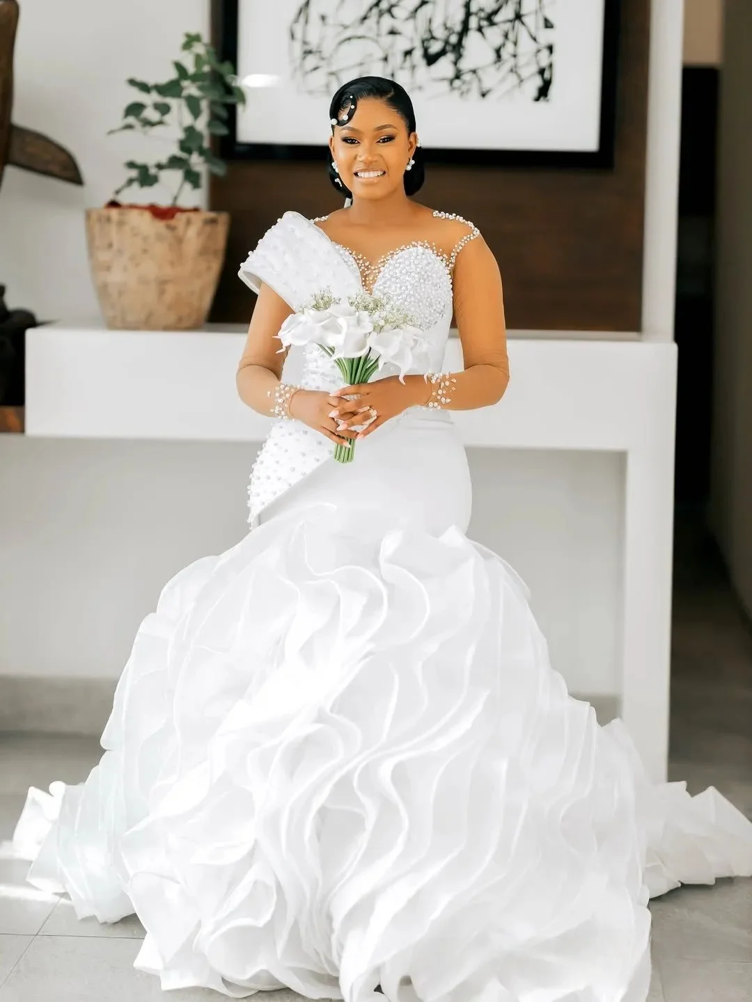 Customized Plus Size Wedding Dress Bride Mermaid Wedding Gowns Illusion Sheer Neck Long Sleeves Pearls Tulle Tiers Organza