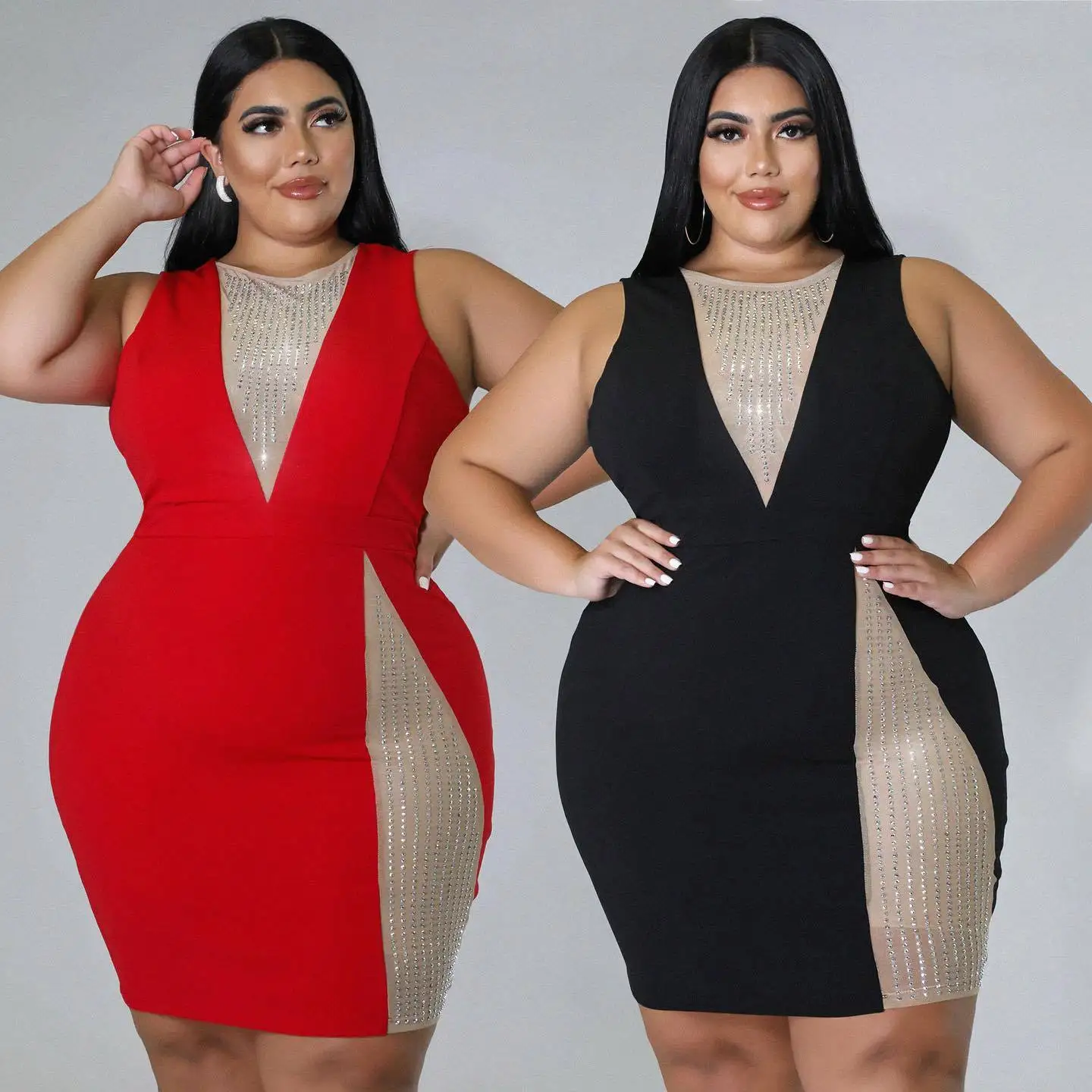 Plus Size Dresses Sexy Mesh Patchwork Diamonds Bodycon Mini Dress XL-5XL  Sleeveless Elegant Luxury Vestidos Club Party Robes