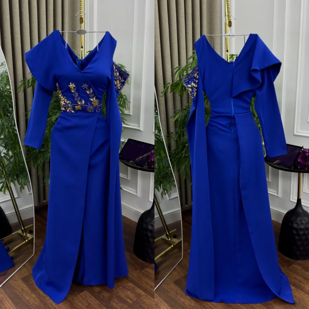 

Customized Jersey Pleat Rhinestone V-neck Trumpet Long Dresses Bespoke Occasion Party GownClassic Exquisite Evening Sparkle