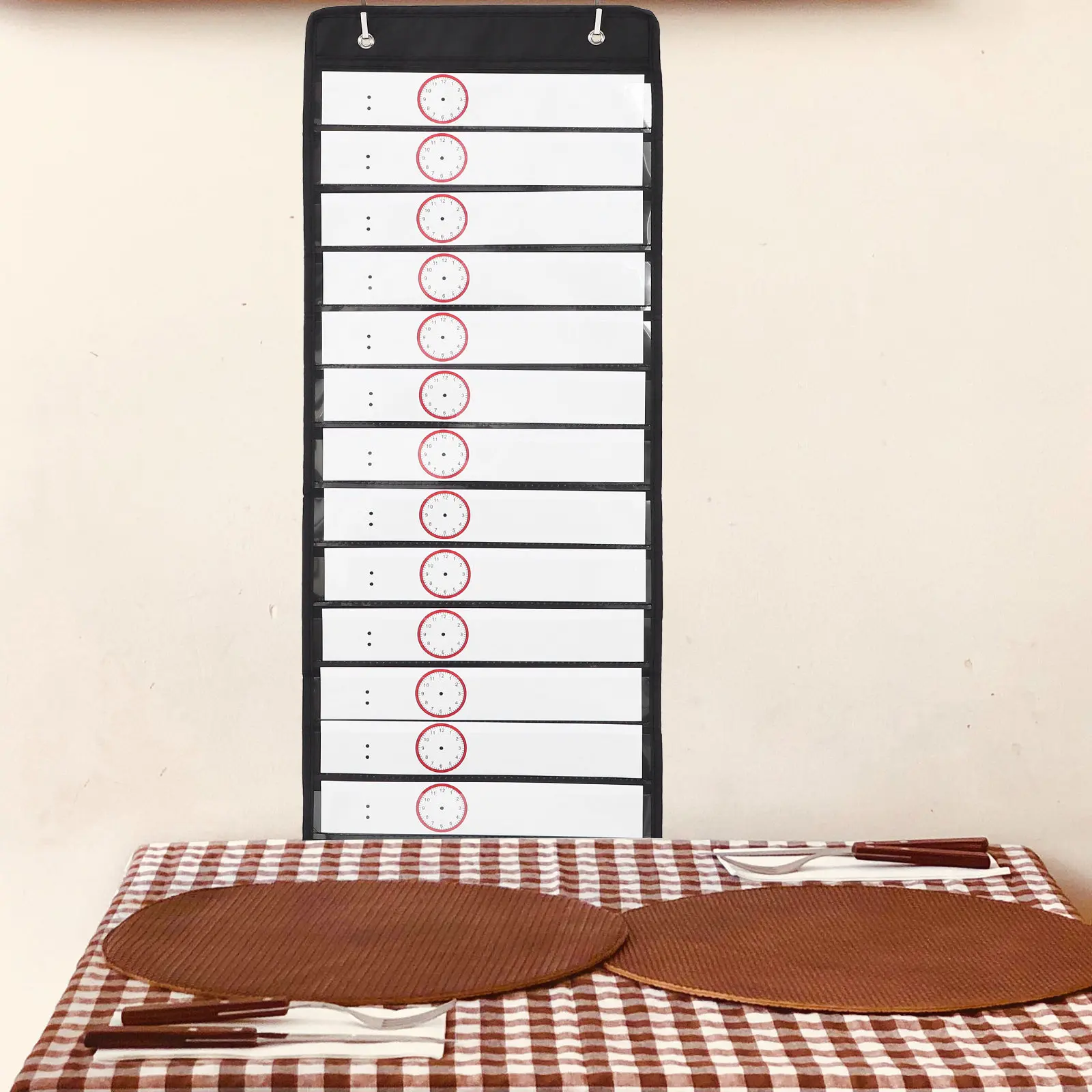 Daily Schedule Pocket Chart Black Oxford Fabric Transparent Pet Pockets Reusable Dry Erase Cards Hanging Hooks Teaching Schedule
