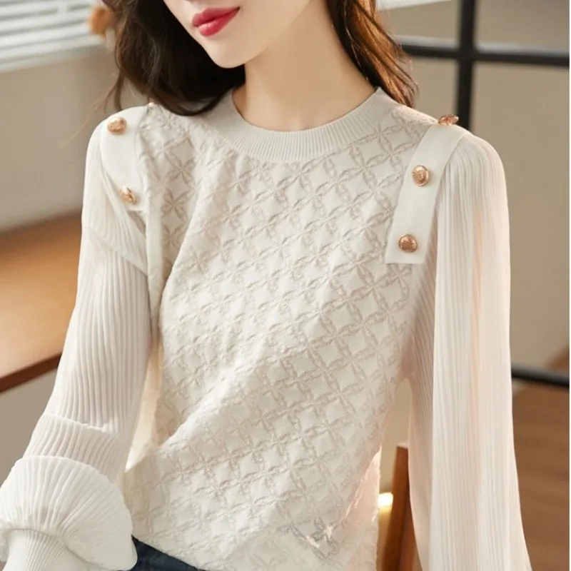 2023 Autumn and Winter Pullover Round Neck Patchwork Button Lace Solid Underlay Fashion Casual Elegant Commuter Long Sleeve Tops