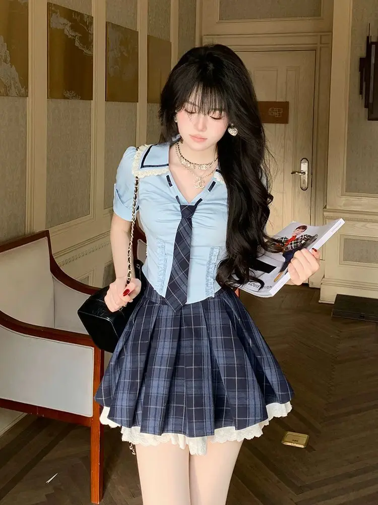 Summer New Preppy Y2K 2 Piece Set Women Slim Fit Lace Trim Tie Detail Plaid Shirt High Waist Pleated Skirt Daily Casual Outfit view 4