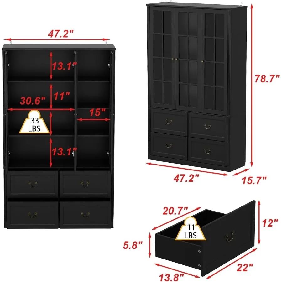 خزانة كتب طويلة بأبواب زجاجية 47.2 رف كتب كبير واسع 4 طبقات مع 4 أدراج خزانة عرض تشي خزانة للعيش Ro