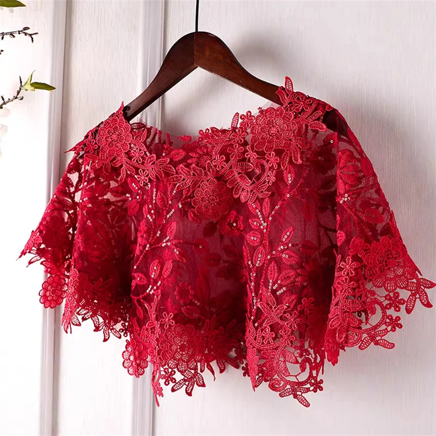 新しいエレガントな女性のレースのスパンコールショールケープブライダルワインレッドラップボレロアクセサリーコートルーズマントチョッキ結婚式トップス 2451