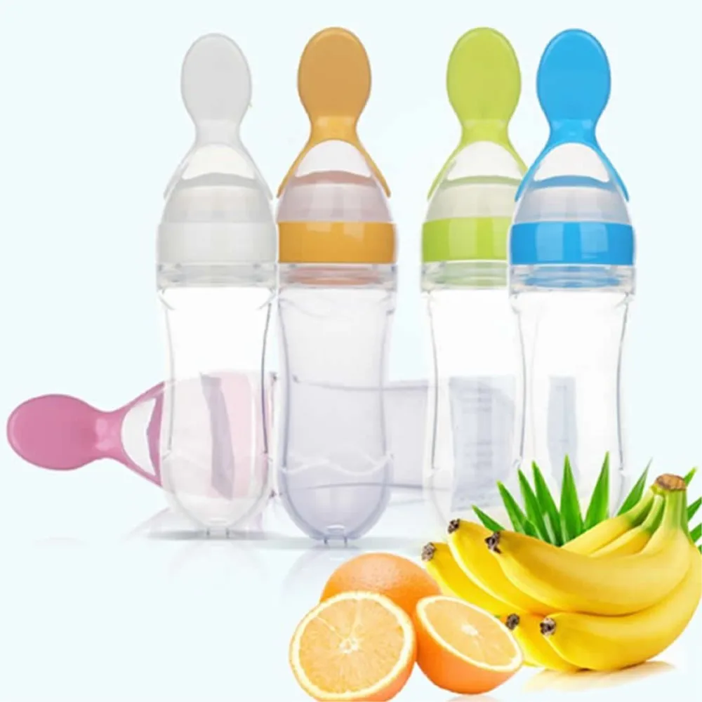 Baby Feeding Bottle With Spoon 90ml Silicone Newborn Infant Squeeze Spoon Toddler Food Supplement food Cereal Bottle Milk Feeder