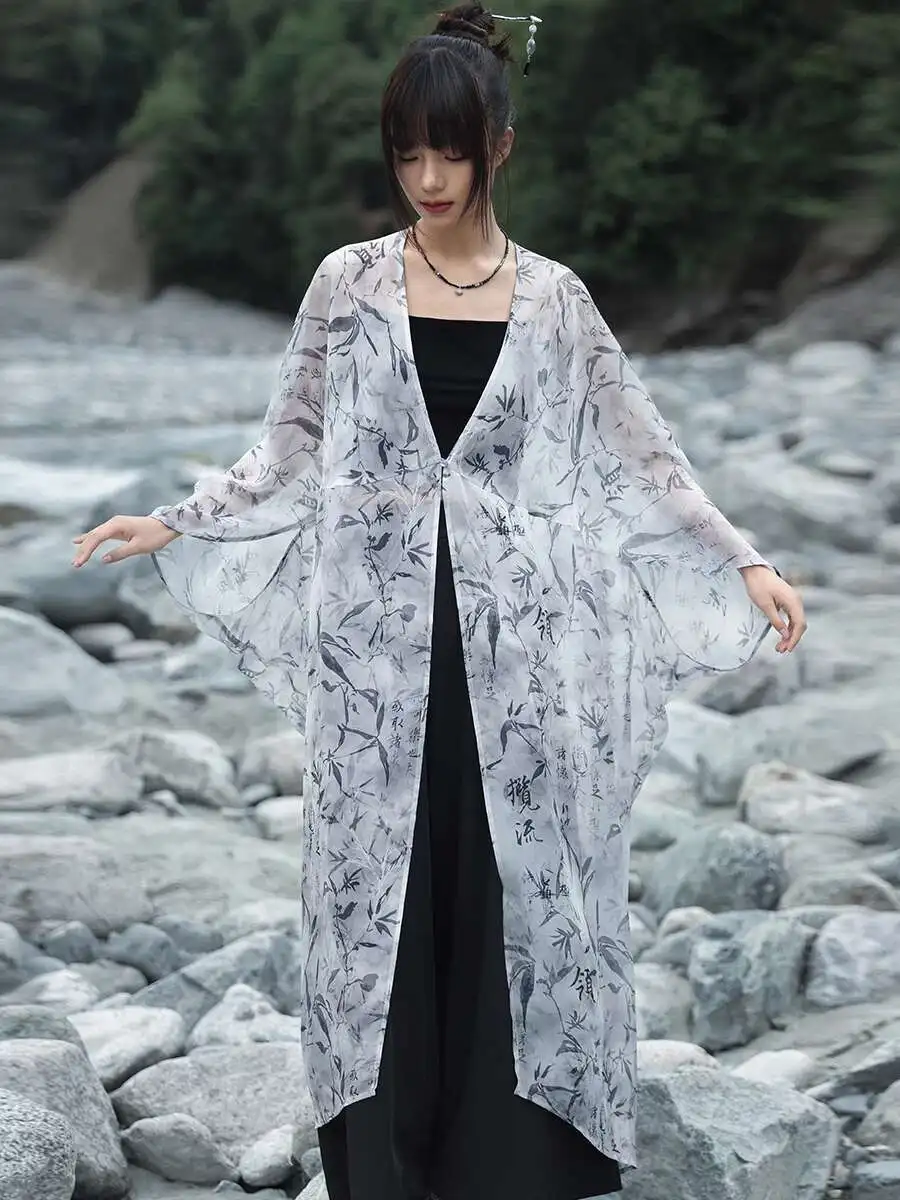UMI MAO Flowing Spring Bamboo Leaf Print Chiffon Blouse For Women Loose And Casual Style Long Dresses Femme