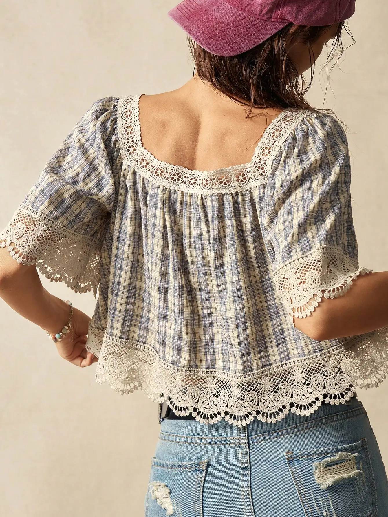 

Богемная клетчатая блузка с квадратным воротником и короткими рукавами для женщин