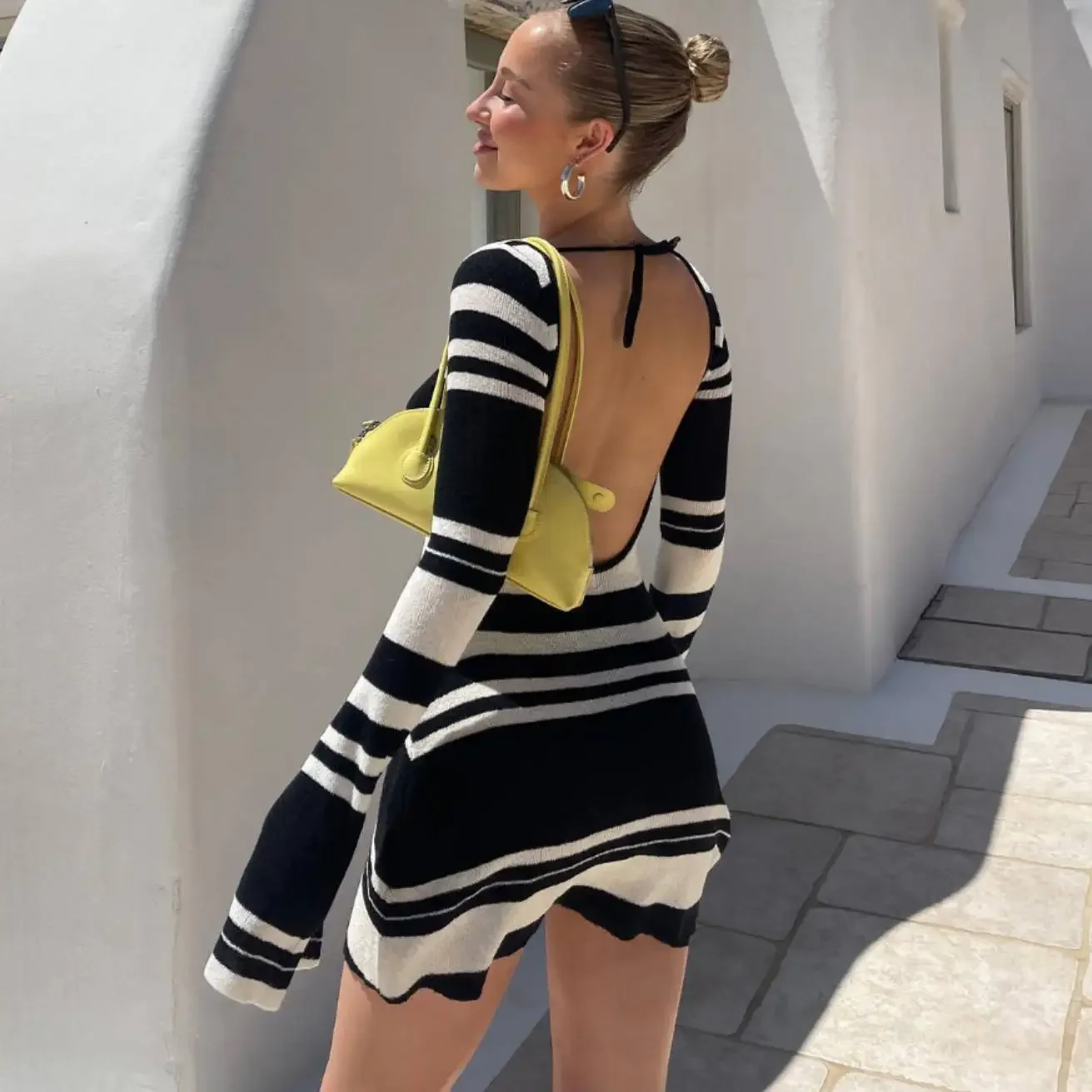 

Knitted Striped Backless Mini Dress Women Flare Long Sleeve Lace Up Hip Package Party Dresses Ladies Fashion High Waist Vestido