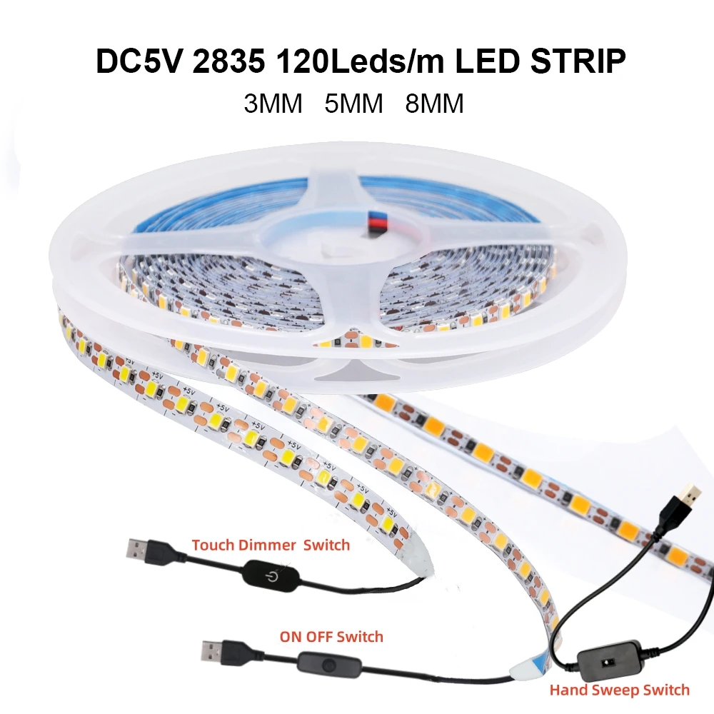 

5V USB Sensor LED Strip SMD 2835 Tape Light With Hand Sweep Touch Dimmer Switch 3MM 5MM 8MM 120LEDs/M Cabinet TV Backlight White