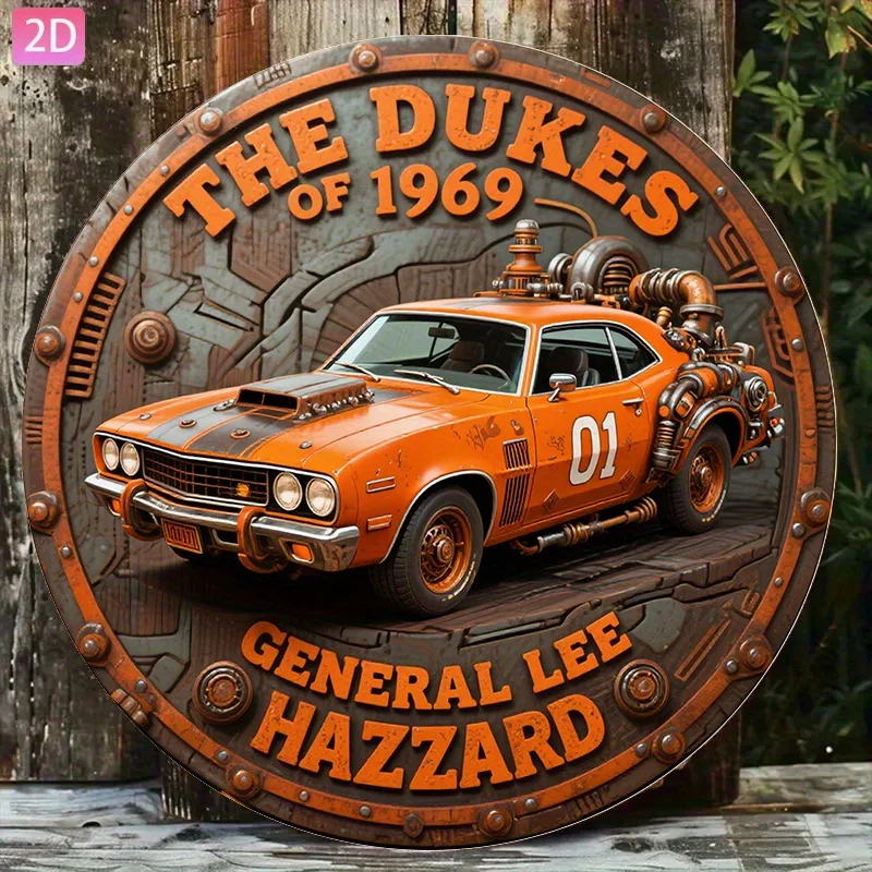 Letrero Decorativo de Pared de Aluminio con Réplica de Coche General Lee de 1969, Diseño Plano 2D, 1 Pieza - 20x20 cm, Logotipo Retro de Programa de TV, Naranja y Negro Muscle