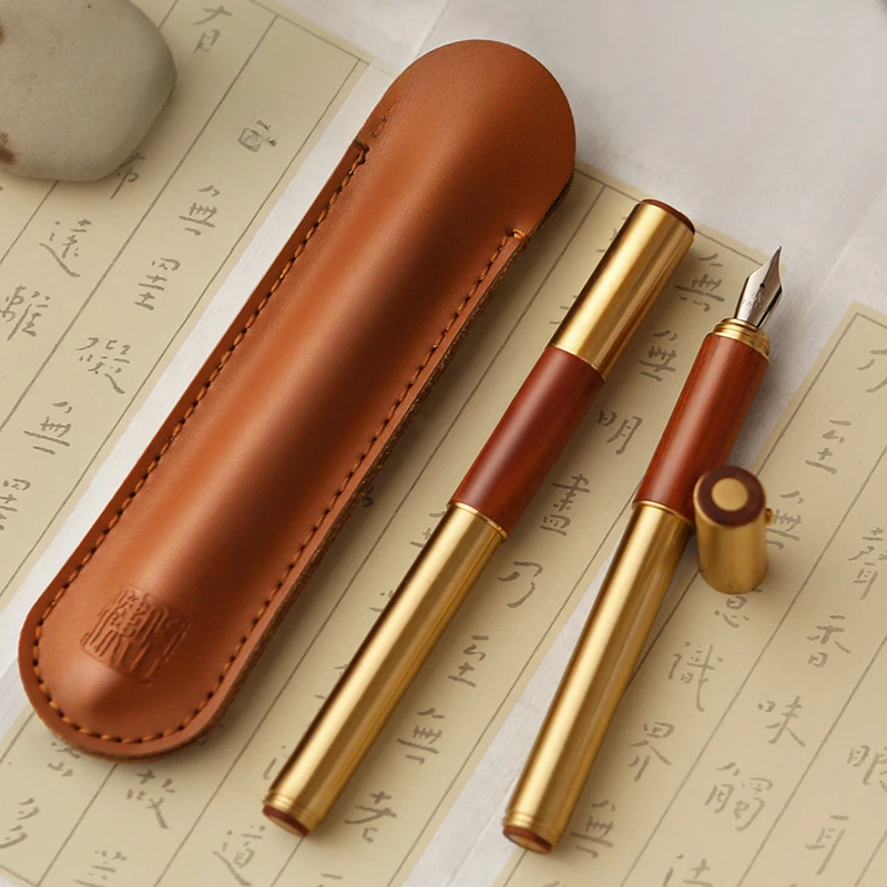 BALAOYE Mahogany Wooden Metal Fountain Pen F 0.5MM with Genuine Leather Case Luxury Writing Gift Box Calligraphy Pen Stationery