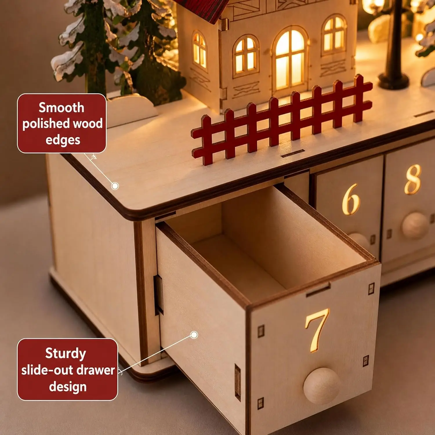 Wooden Christmas Advent Calendar 24 Days Solid Wood Tabletop Village with Built-In LED Lights Reusable for Home Mantelpiece