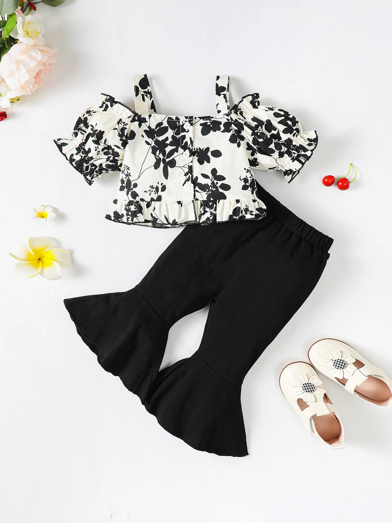 2Pcs Toddler Baby Girl Small Floral One Shoulder Top+Black Flared Pants Fashion Set Fit 0-3 Years Little Girl Summer Set