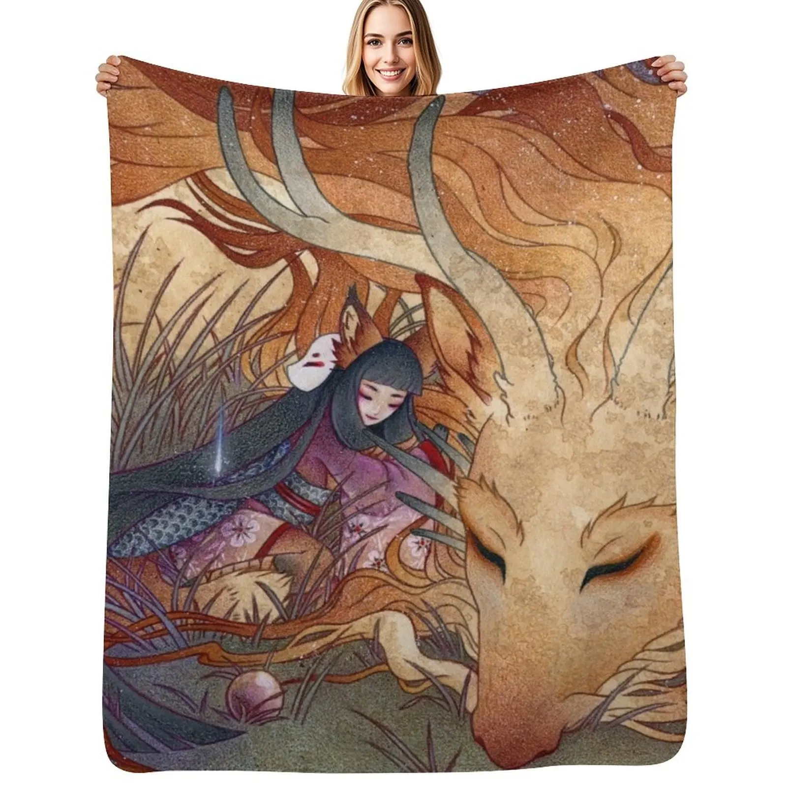 Slumbering Kitsune and Dragon Throw Blanket Cozy Napping Blanket Gift for Mom Dad