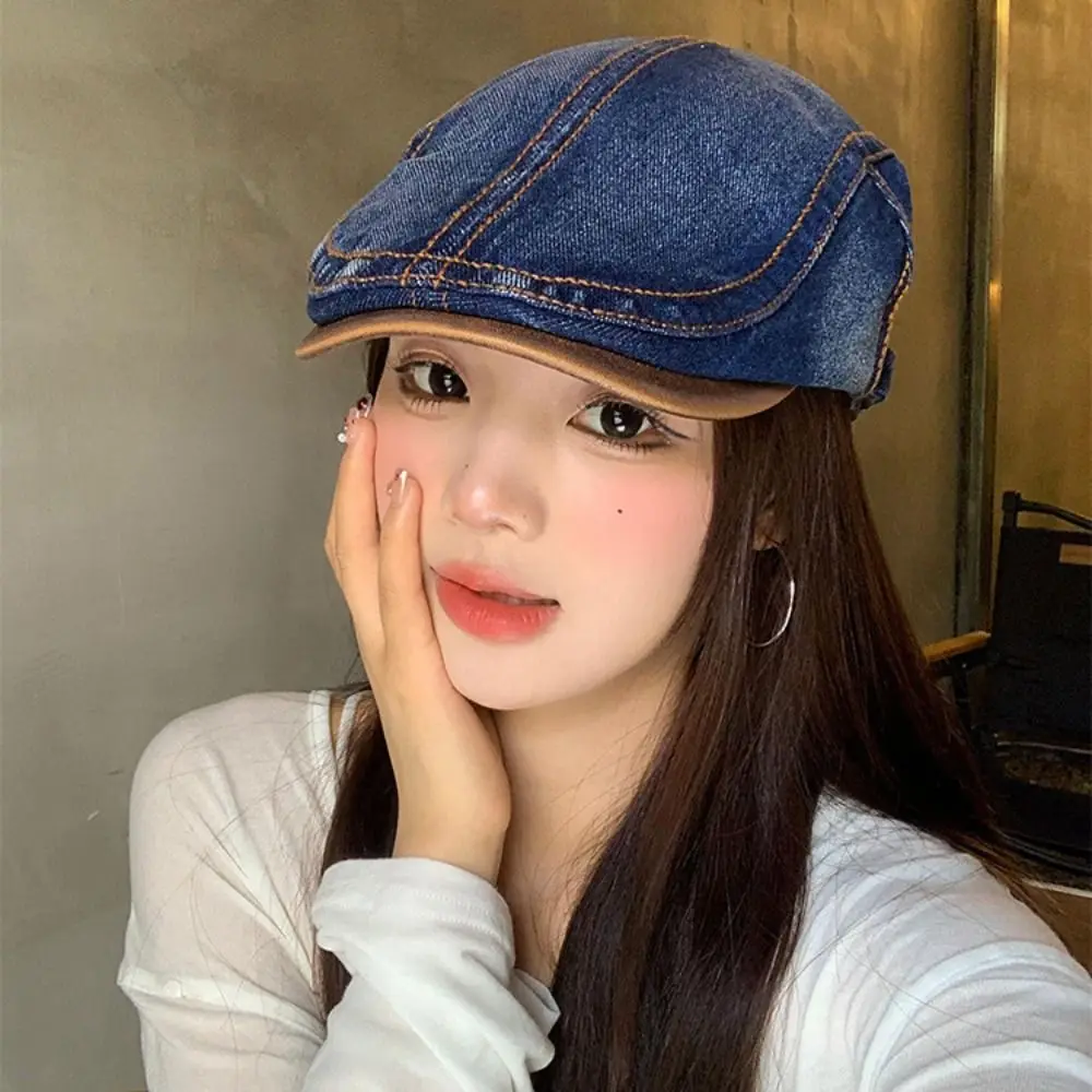Casual Cotton Washed Denim Newsboy Caps British Style Solid Color Peaked Cap Forward Hat Adjustable Painter Beret Summer