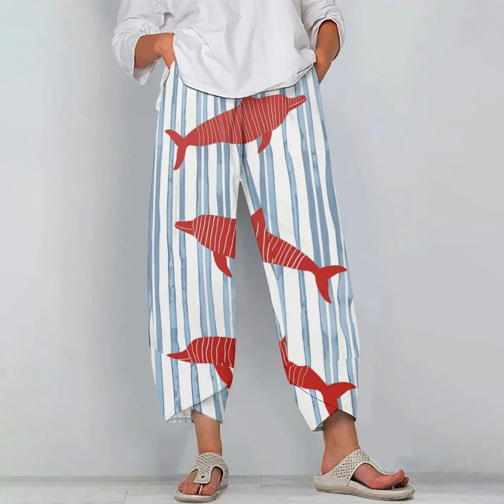 

Women's Pilchard Printed linen pants high waist casual versati luxury brand designer woman summer Pants 2024 Bohe Baggy Trousers