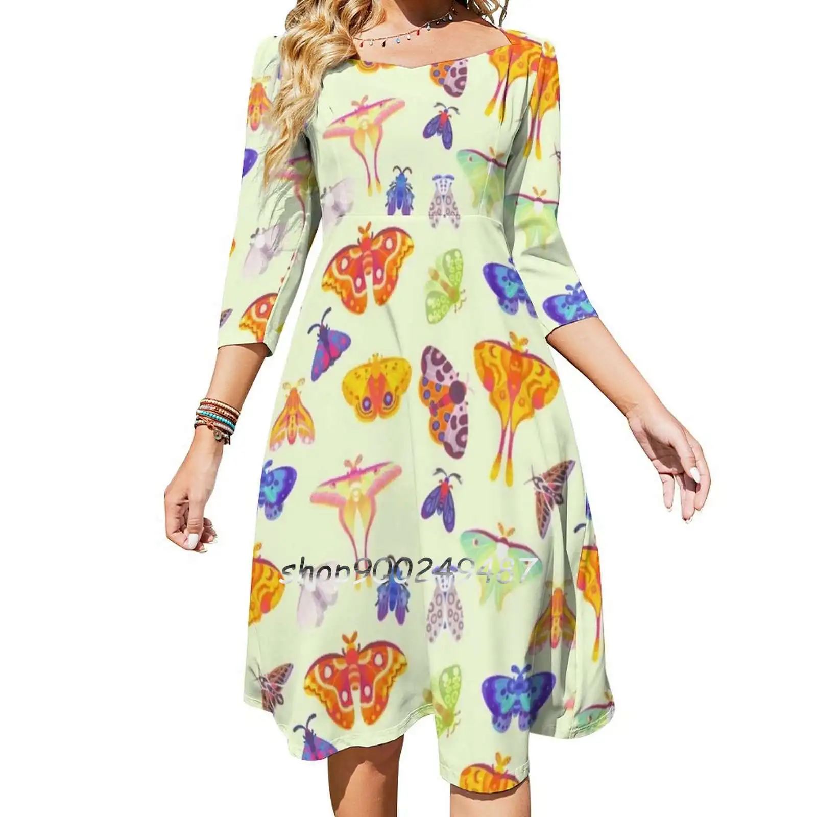 Moth-Pastel Square Neck Dress New Plus Size Elegant Women Waist Tight Dress Luna Moth Cottagecore Atlas Moth Poodle Moth Io