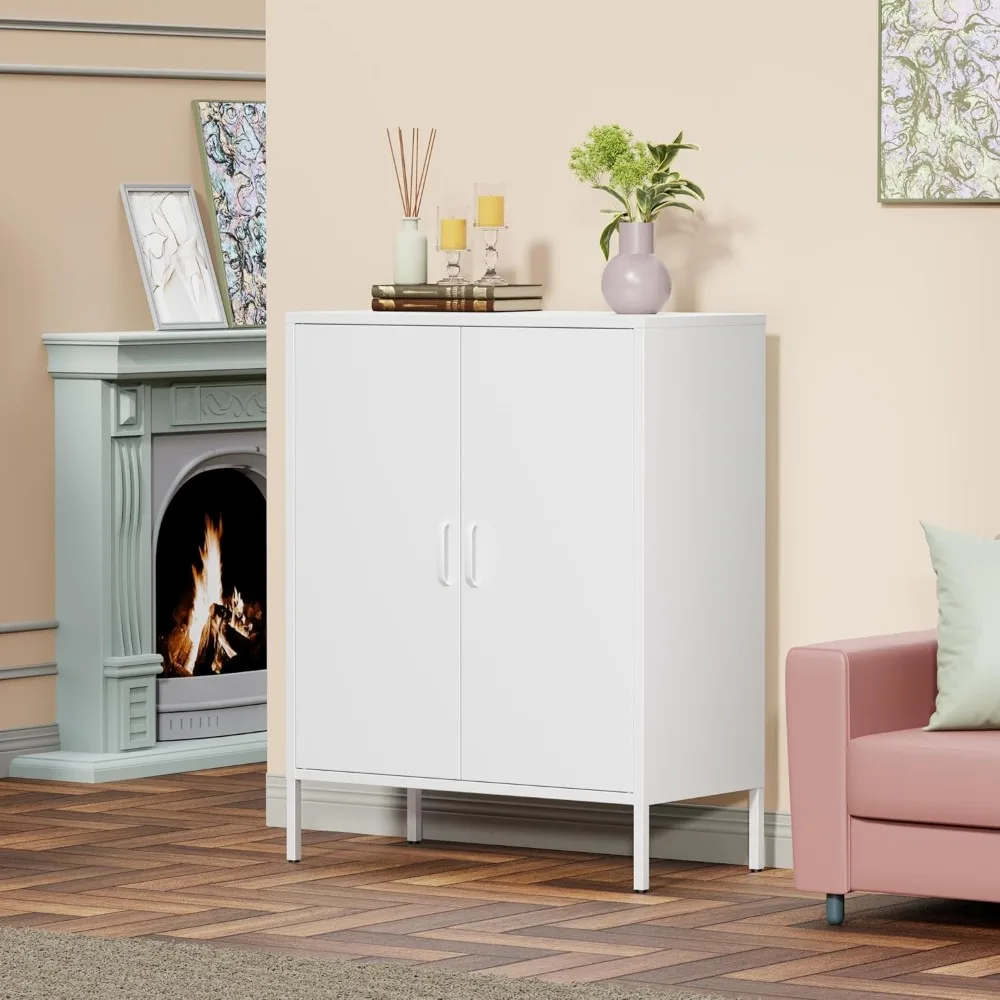 White Metal Storage Cabinet,Metal Locker Storage Cabinet with 2 Doors and Shelves,Kitchen Pantry Cabinet,Modern Storage