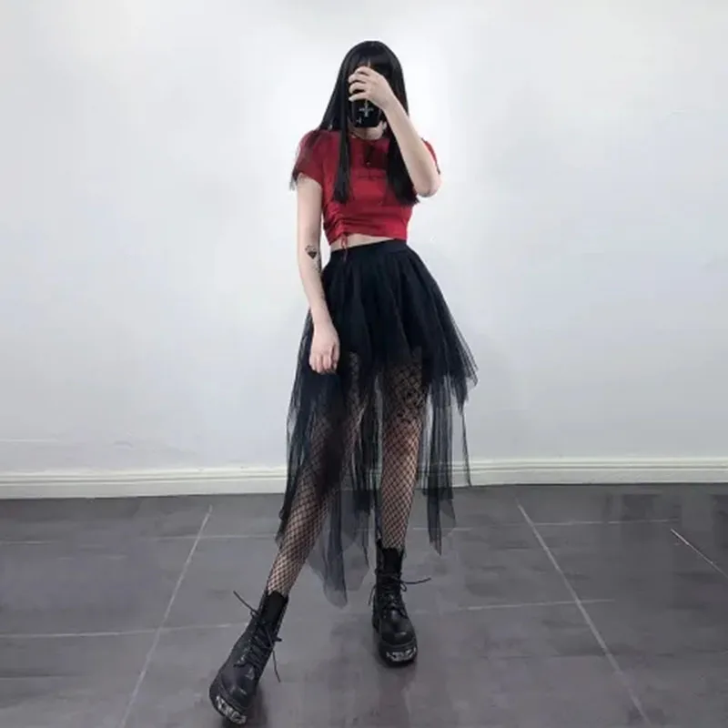 Gothic Black Tulle Skirt Women Summer Fashion High Waist Streetwear Irregular Midi Skirts Chic Dark Series Punk Stitching Skirts