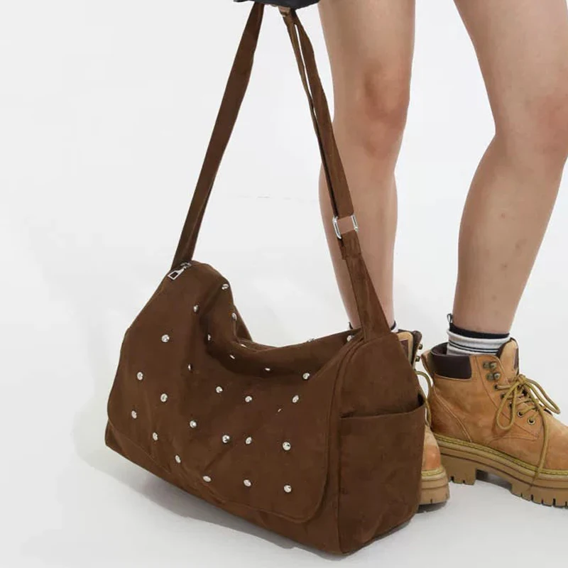 

Korean Vintage Faux Suede Box Bags For Women Luxury Designer Handbag And Purses 2025 New In Rivet Wide Straps Underarm Shoulder