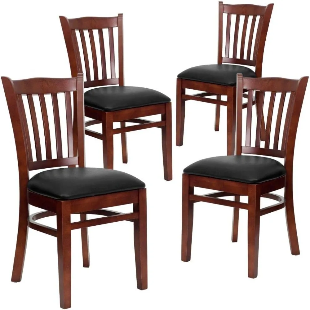 

Furniture 4 Pack Series Vertical Slat Back Mahogany Wood Restaurant Chair - Black Vinyl Seat