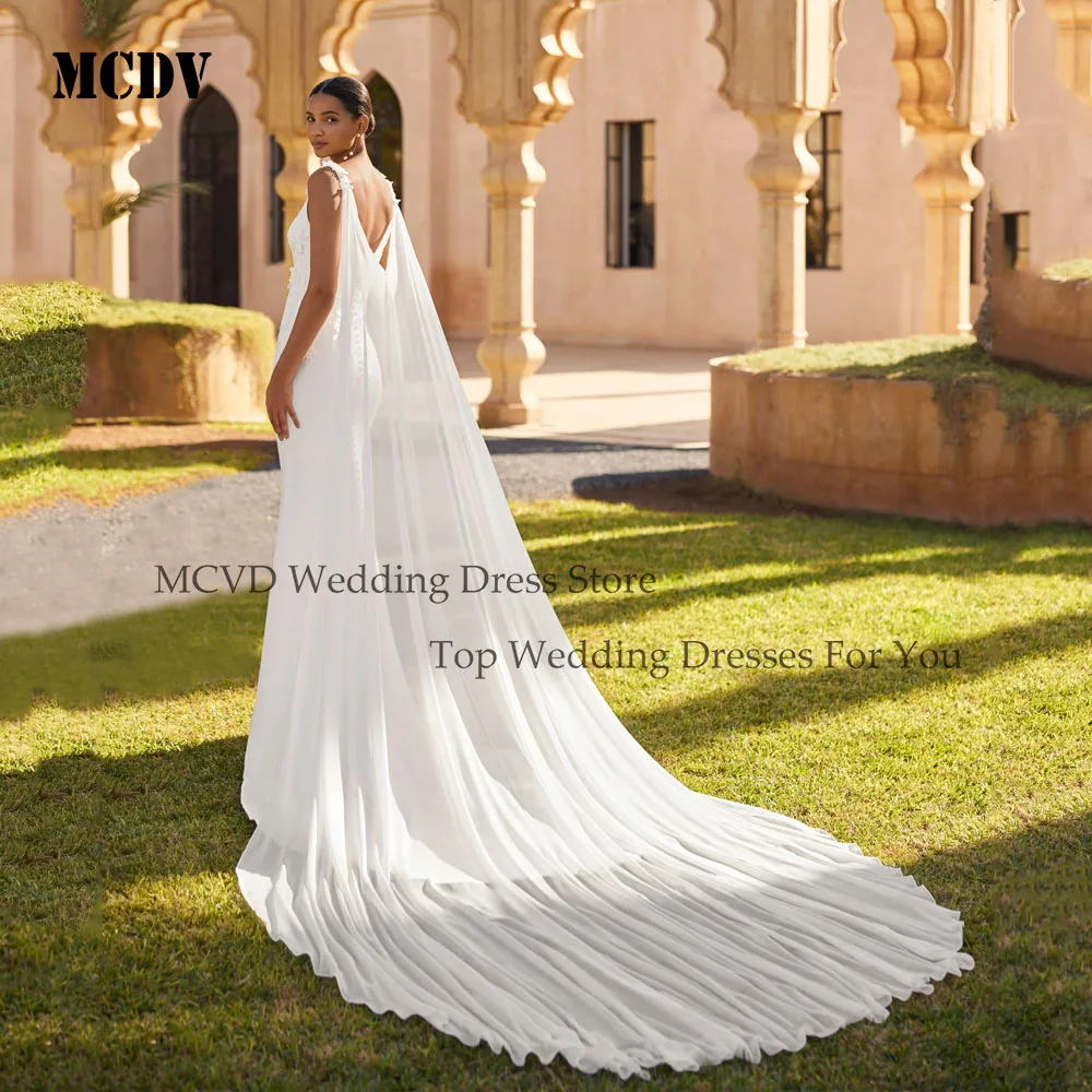 MCDV Elegant Ivory Mermaid Wedding Dress With Shawls Double V Neck Sleeveless Bridal Gown 2026 Applique Zipper Back Customized