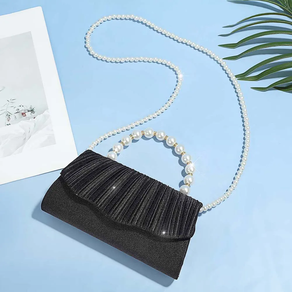Immagine 5: Pochette da Sera con Manico di Perle, Piccola Borsa in Raso per Donne, Elegante Borsetta da Sposa per Feste, Tracolla