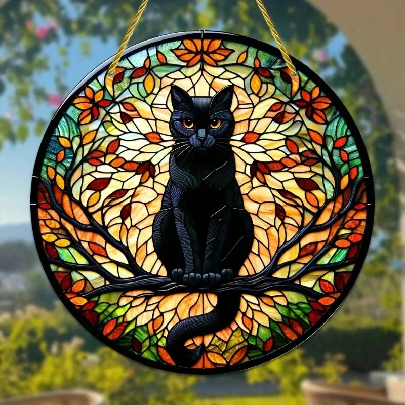 Schwarze Katze im Mondlicht, gebeiztes Fenster, hängender Sonnenfänger, Sonnenschutz, Katzenliebhaber-Schild, Geschenk für Familie, Zuhause, Outdoor, Innenbereich, Hofdekoration