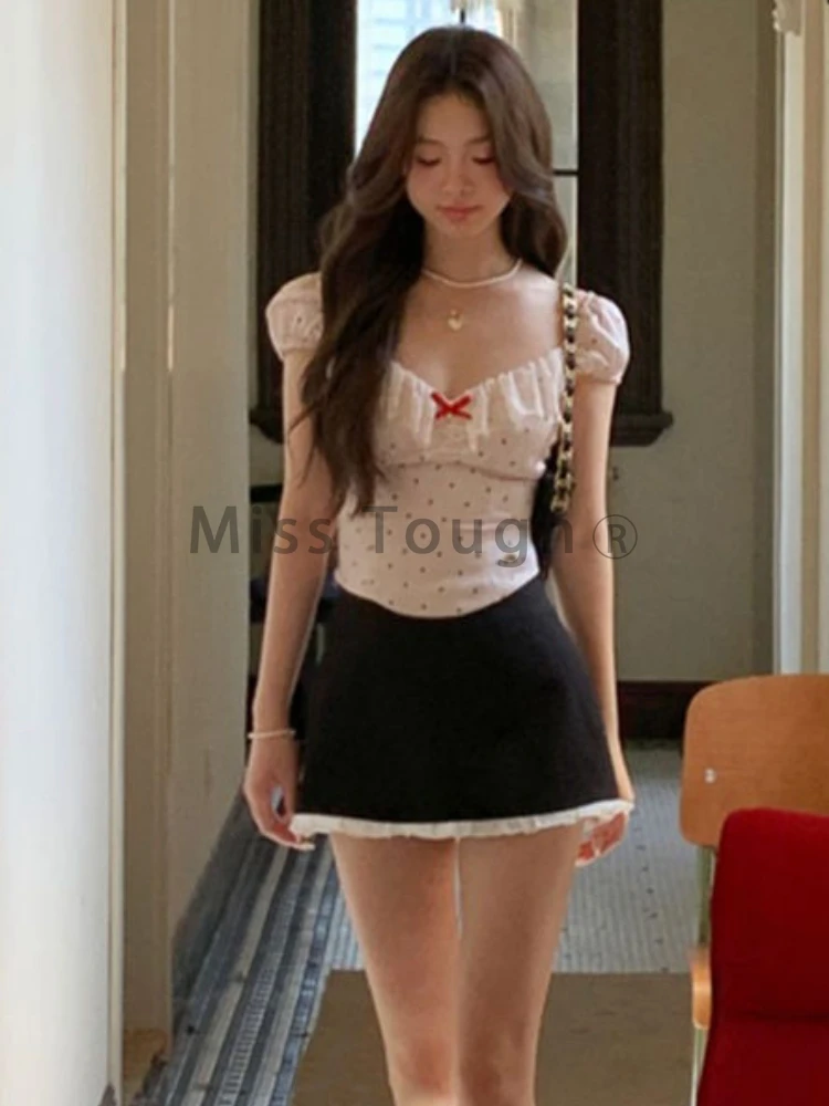 Summer Fashion New Slim V Neck 2 Piece Set Women Design Sweet Polka Dot Bow Short Sleeve Top Female + Solid High Waist Skirt