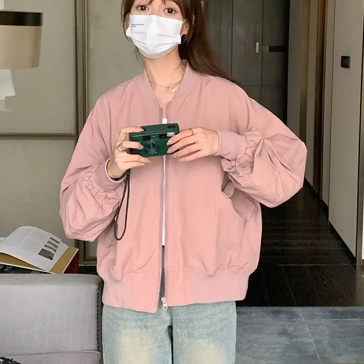 Korean Style Women's Baseball Jacket Spring Autumn Cropped Loose Casual Bomber Coat Trendy Short Outerwear