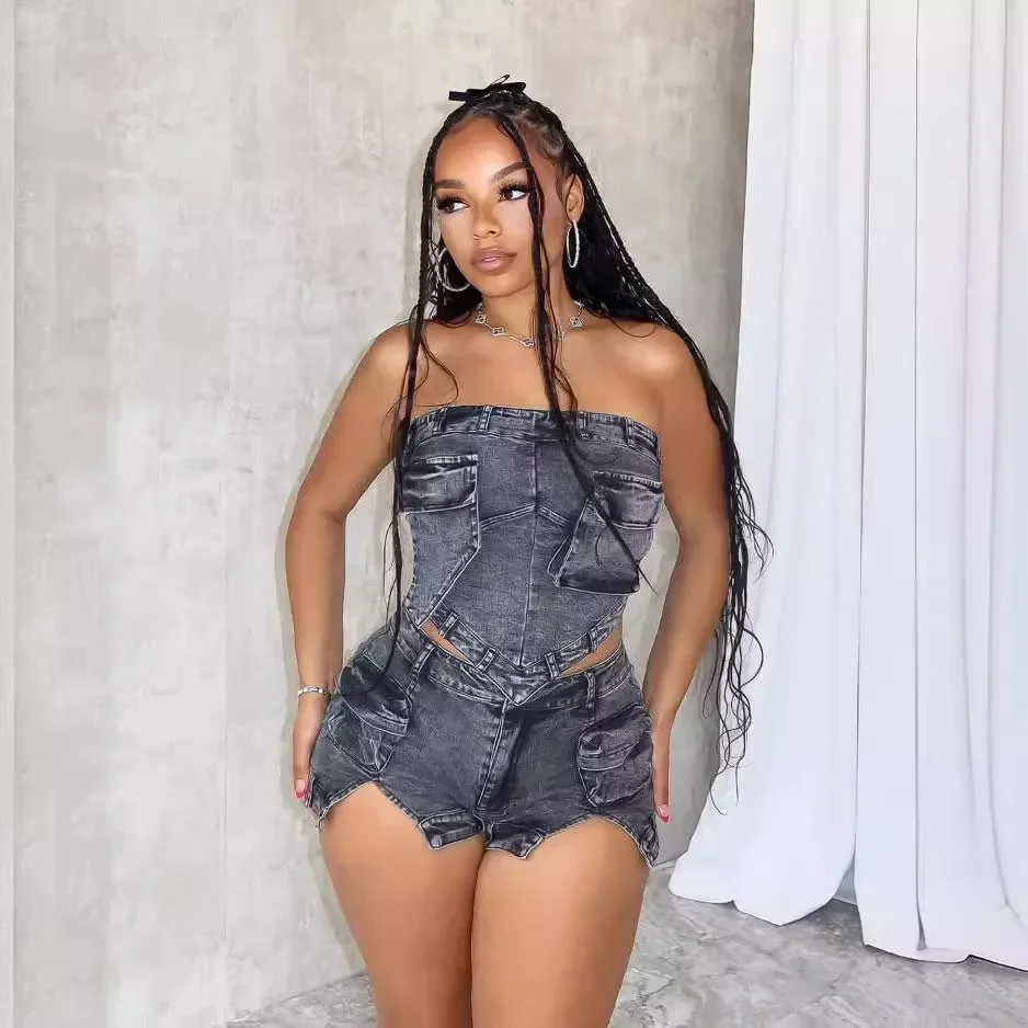 Denim Crop Tops Summer Two Piece Pant Sets Biker Shorts Pant Sets Cargo Pocket jean Jackets Tracksuit Sexy Outfits Y2K Fashion