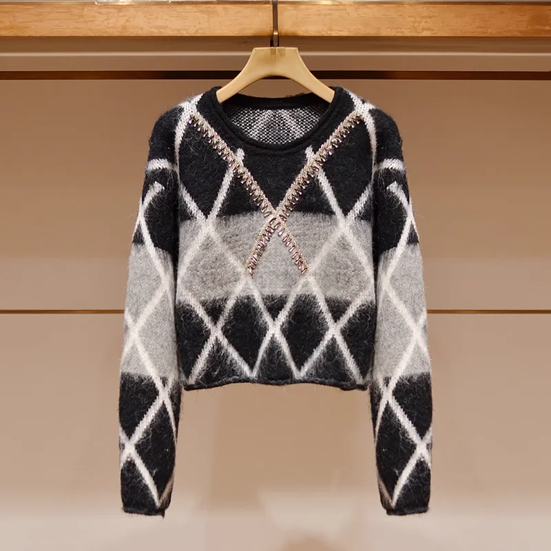 

Water Diamond Pattern Knitwear Soft Loose Oversized Hoodie Fashionable Color Block Sweater Autumn New Arrival Women's Top