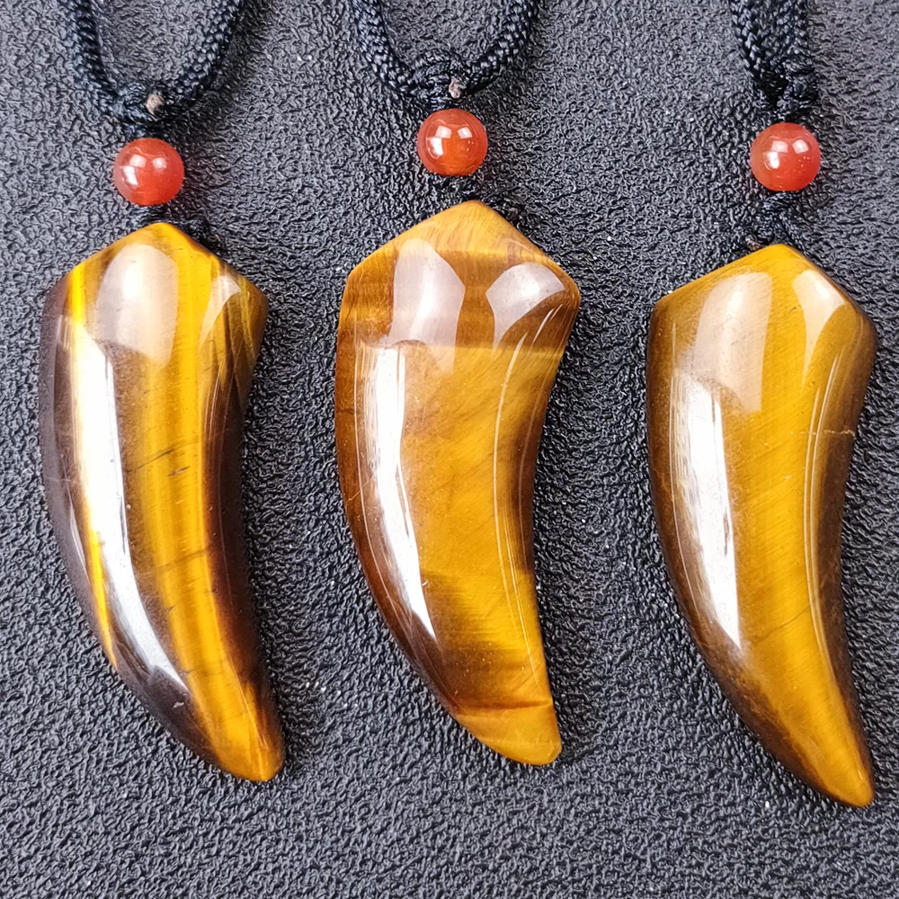 Natural Tiger Eye Stone Wolf Tooth Spike Pendant Necklaces for Women Men Adjustable Ox Horn Shape Couple Choker Medition Jewelry