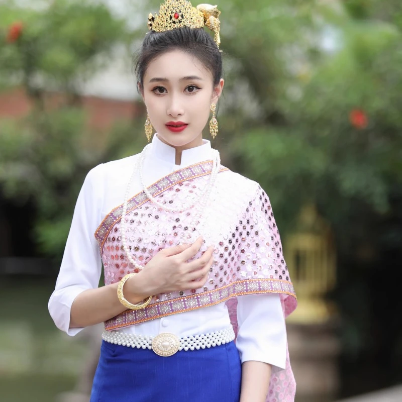 Thailand Outfit for Women Traditional Clothing Tops Blouse Long Skirt Ethnic Style Southeast Asian Clothes Thai Dai Dress