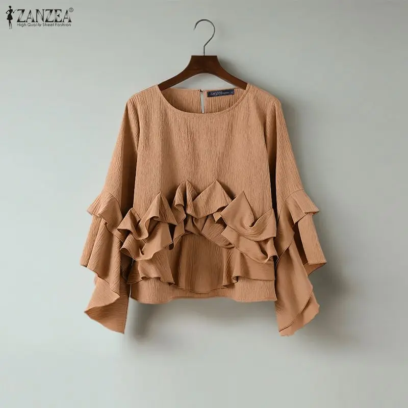 Elegancka bluzka damska z długim rękawem ZANZEA, modna kolekcja 2025, falbaniaste topy, okrągły dekolt, luźna koszula, koreański styl streetwear, bluzki damskie.