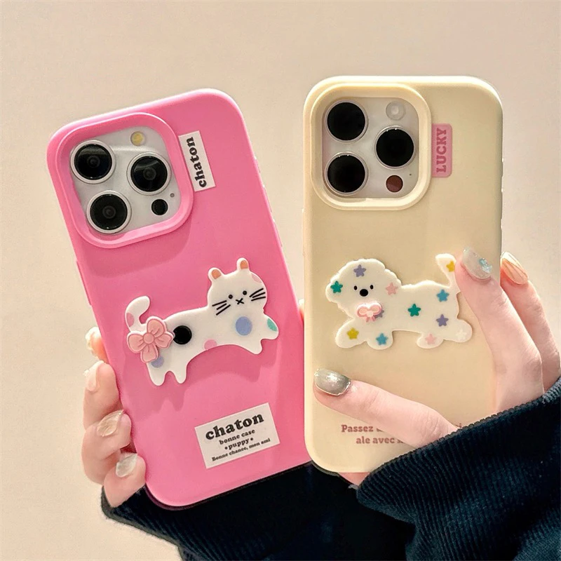 Cartoon Cute Cat Puppy Soft TPU Case For iPhone 16 Pro Max 15 14 13 12 16 Plus Silicone Phone Cover