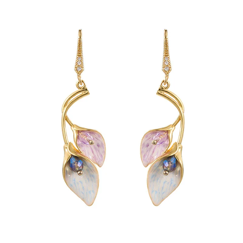

Gentle Retro Hand-painted Enamel Craft Two-color Calla Flower Ear Hooks Fashion Cubic Zircon Niche Personalized Earrings for Wom