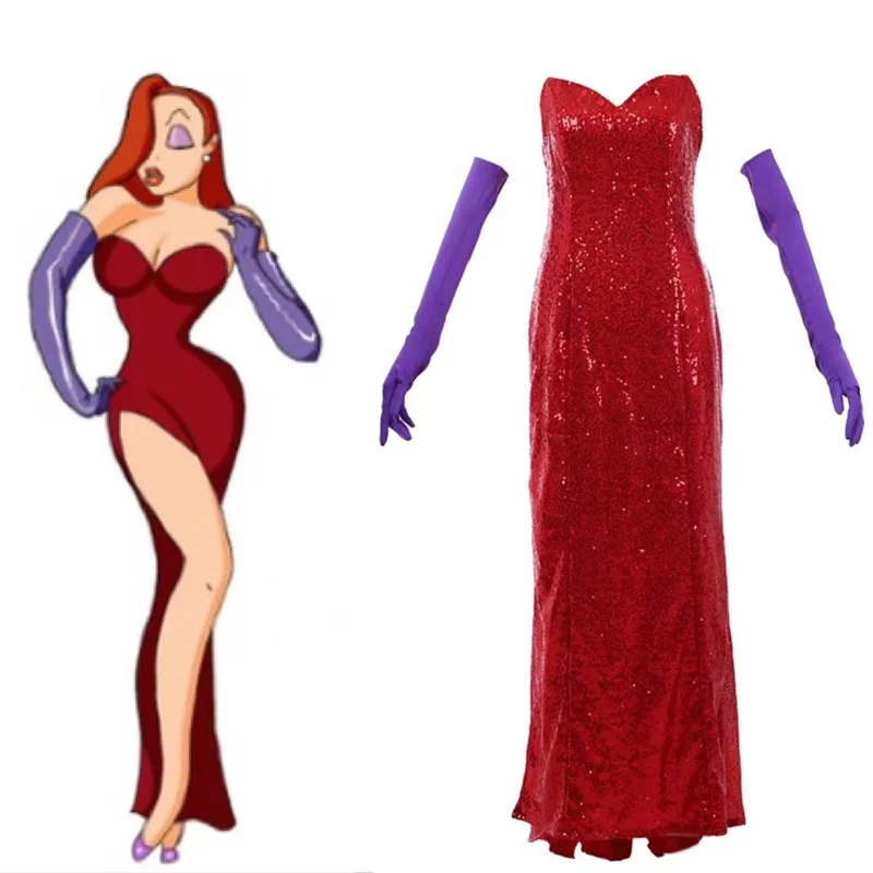 

Who Framed Roger Rabbit Jessica Cosplay Sexy Red Dress High Split Sequined Dress with Purple Gloves Halloween Outfits