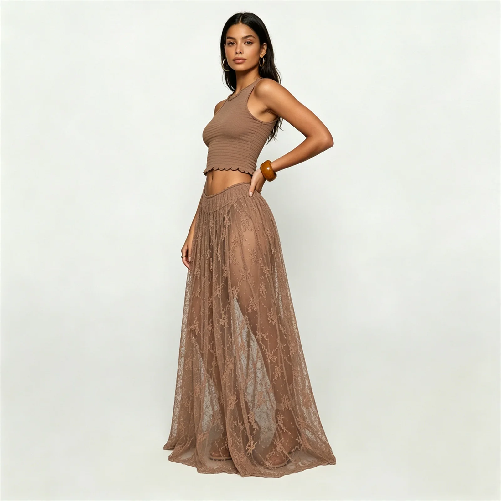 Sexy Women's Sheer Lace Long Skirt Built-in Thongs Design Low Elastic Waist Flowy Skirt for Daily Party Club